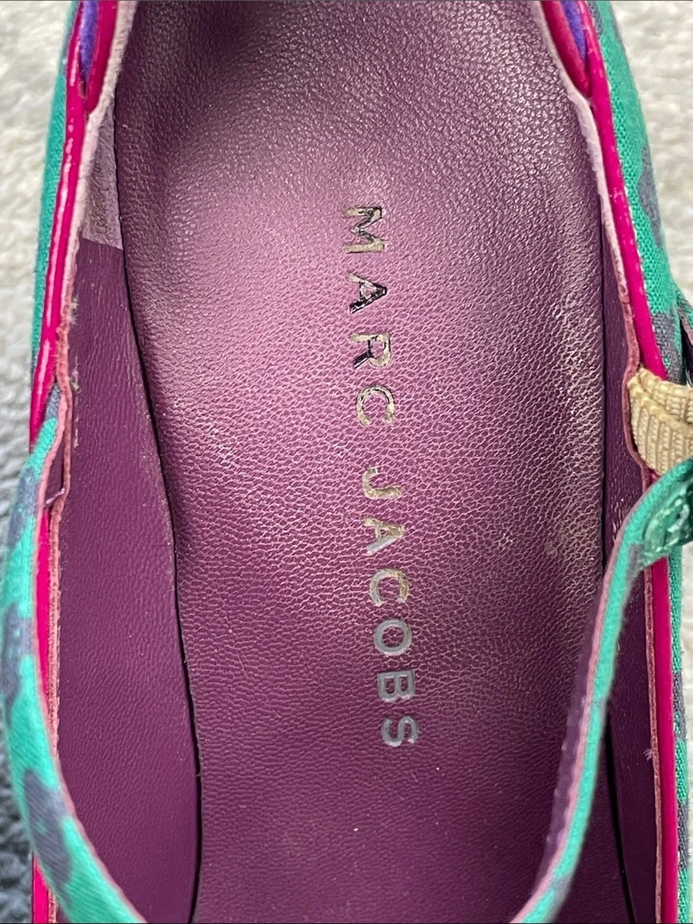 Vintage Marc Jacobs Purple Teal T-Strap Wedge Heels Retro Flower Sz 35.5